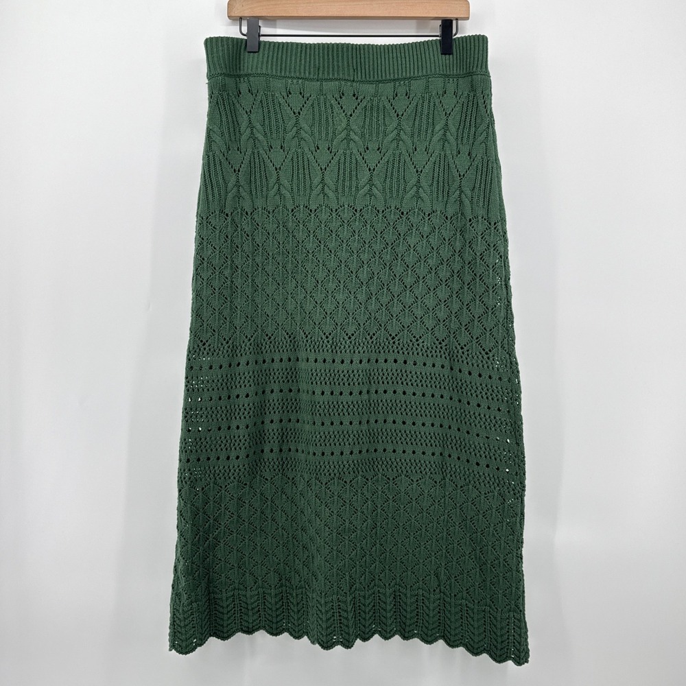 NEW House of Harlow 1960 Green Knit Midi Skirt Crochet Lace Trim Boho Size Large - Picture 2 of 8